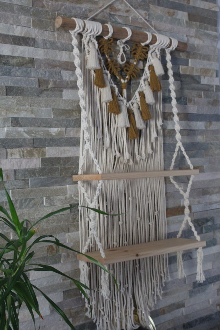 multicolored macrame double shelf