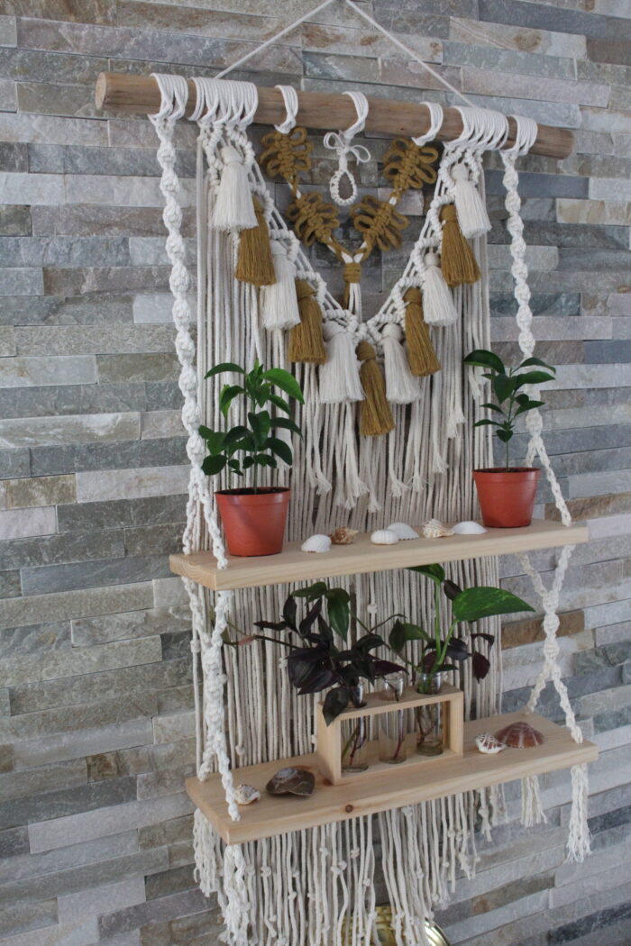 multicolored macrame double shelf