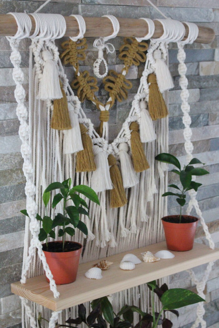 multicolored macrame double shelf