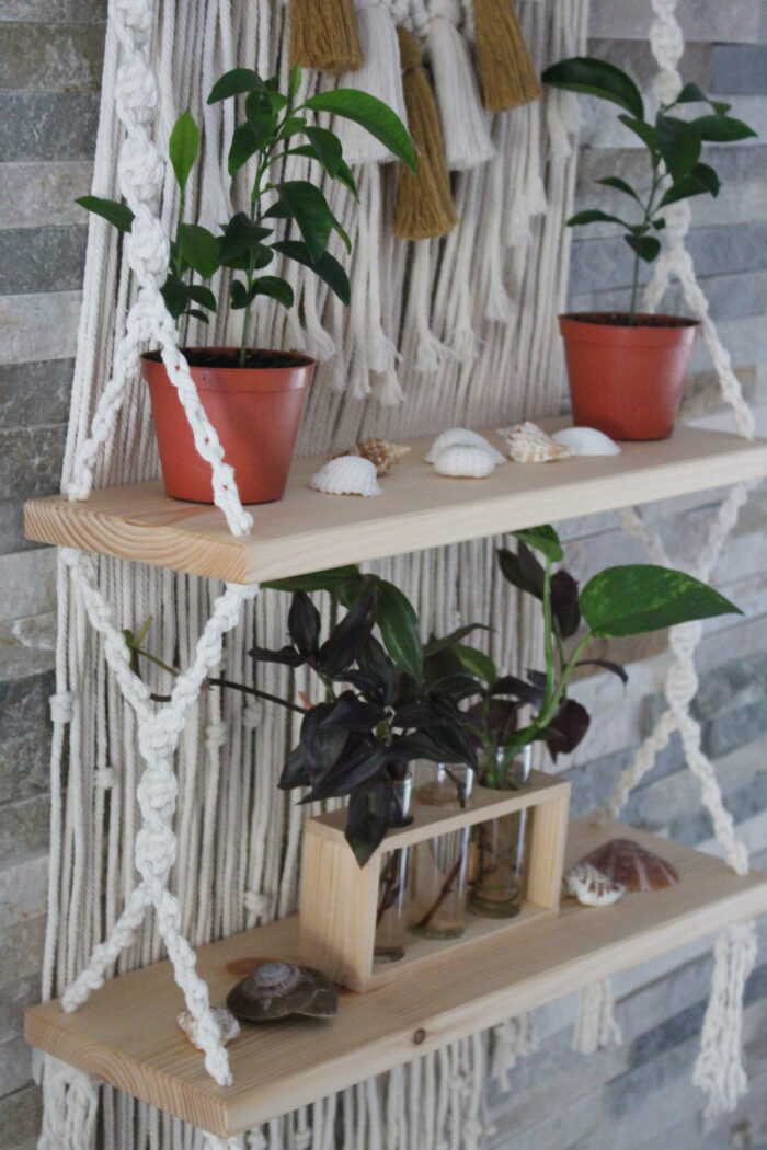 multicolored macrame double shelf