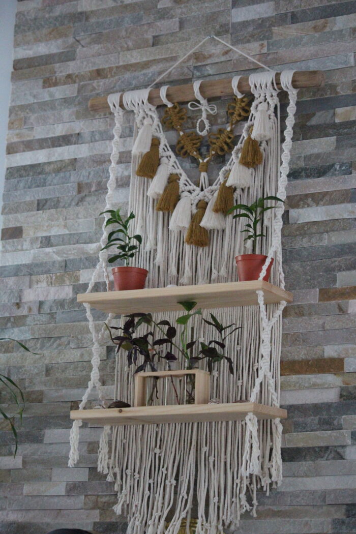 multicolored macrame double shelf