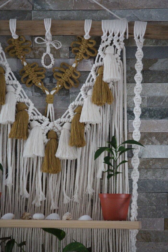 multicolored macrame double shelf