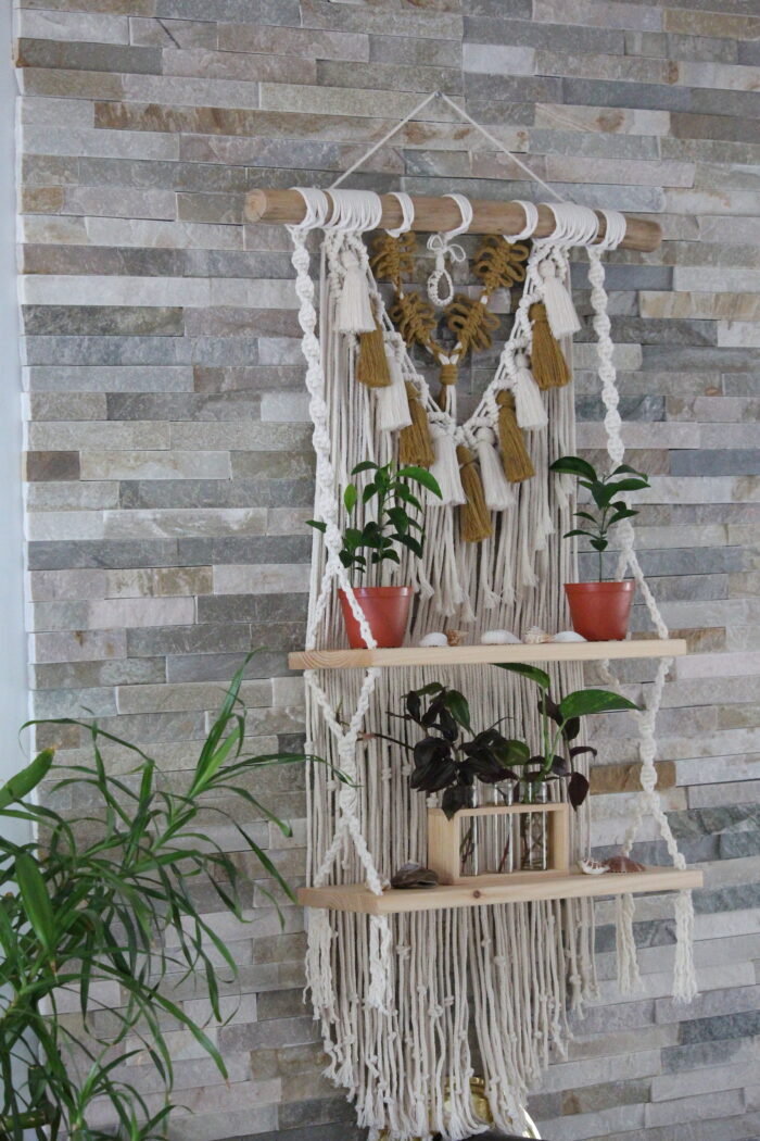 multicolored macrame double shelf