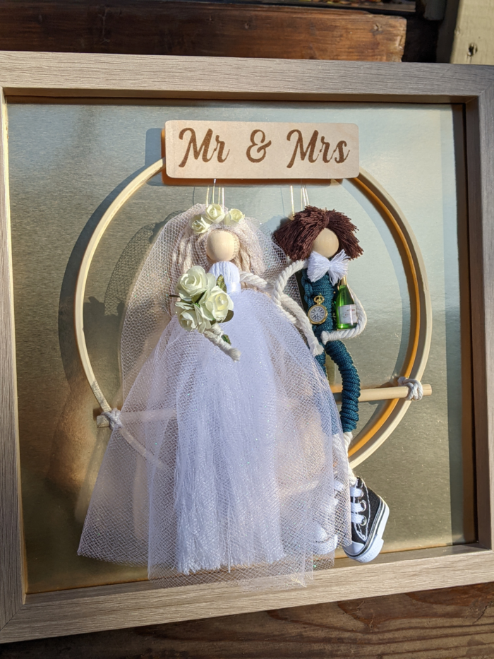 Macrame bride and groom in frame with personalized names engraved